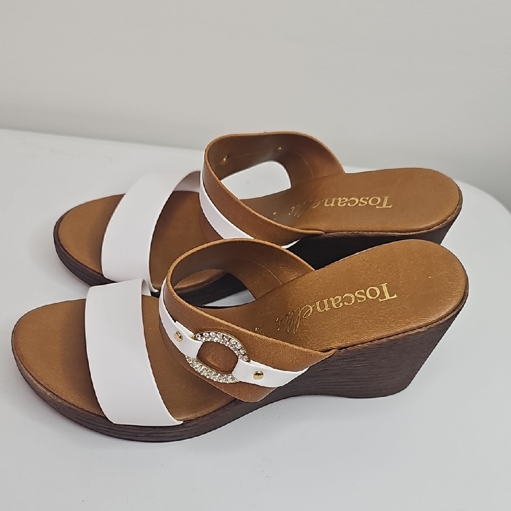 Toscanella Women's White and Brown‎ Wedge Sandals Size 7.5